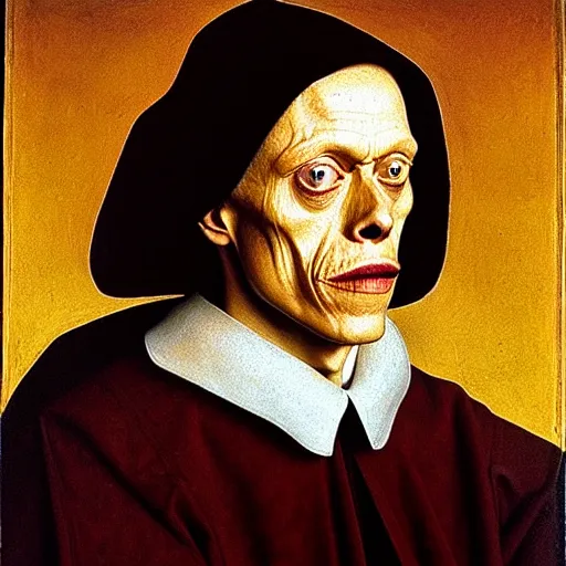 Prompt: portrait of the son of elon willem dafoe steve buscemi, oil painting by jan van eyck, northern renaissance art, oil on canvas, wet - on - wet technique, realistic, expressive emotions, intricate textures, illusionistic detail