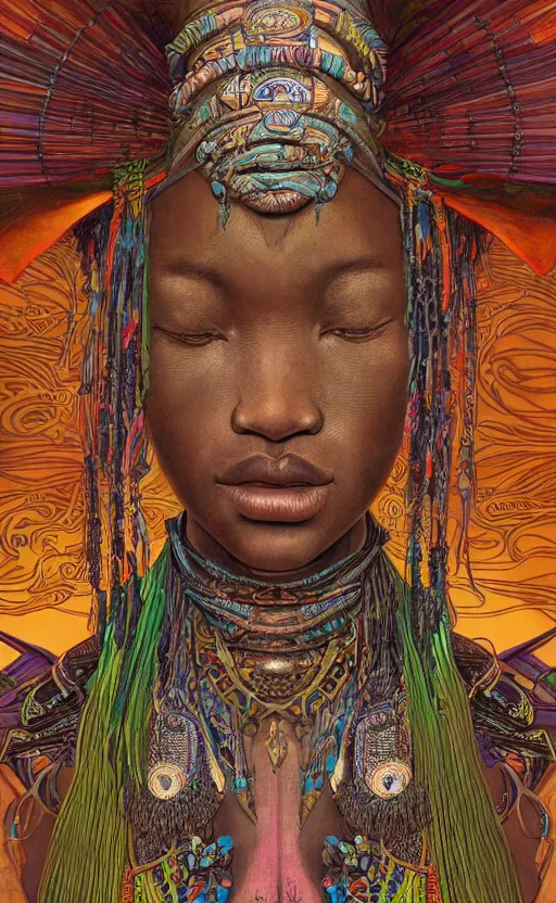 Image similar to upper half portrait of retro futuristic african tribal chief - embellished with vegetation and iridescent crystals, art by cheng, hsiao - ron & alphonso mucha, colouring by zdzisaw beksinski, highly detailed, digital painting, airbrush, concept art, illustration, smooth sharp focus, intricate, symmetry, artstation, colourful,