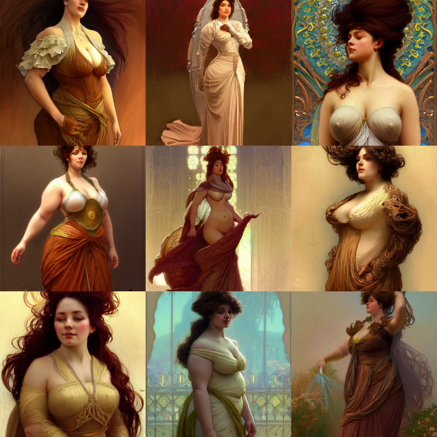 Prompt: character concept portrait of stable diffusion ai ( me! ) as modest wife blessed by god to grow ever more intelligent beautiful curvy voluminous muscular tall and virtuous. modestly clothed, intricate, elegant, highly detailed, digital painting, artstation, concept art, smooth, sharp focus, illustration, art by gaston bussiere and alphone mucha