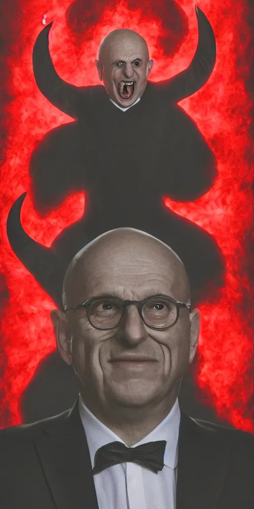 Image similar to avram glazer as the devil reincarnate, owner of manchester united football club, portrait, pure evil, devils horns, avram glazer, satan, hell, 8 k, 8 5 mm lens, hyperrealism, symmetry, cinematic lighting