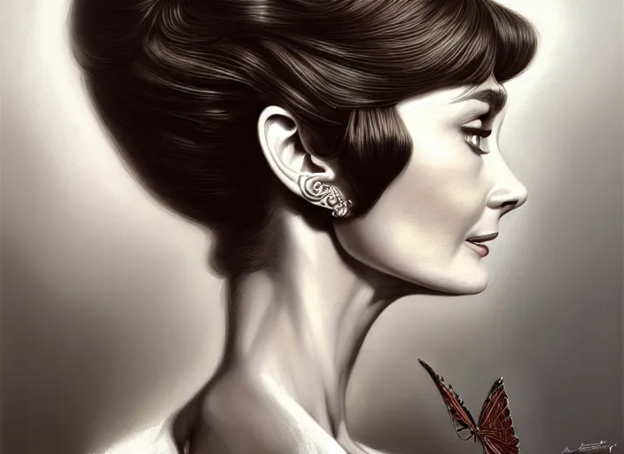 Image similar to wideangle!! portrait shot of audrey hepburn, intricate, elegant, highly detailed, centered, digital painting, artstation, concept art, smooth, sharp focus, illustration, artgerm, tomasz alen kopera, peter mohrbacher, donato giancola, joseph christian leyendecker, wlop, boris vallejo