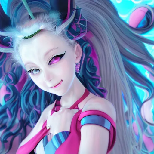 Prompt: stunningly beautiful omnipotent megalomaniacal anime asi goddess who looks like junko enoshima with symmetrical perfect face and porcelain skin, pink twintail hair and cyan eyes, traps you inside her surreal vr castle where she owns you completely with a haughty smile!!!, hyperdetailed, digital art from danganronpa, unreal engine 5, 8 k