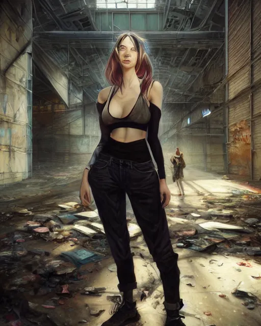 Prompt: daniel gerhartz and artgerm portrait digital chiaroscuro painting of a beautiful woman wearing streetwear clothing, abandoned warehouse interior in the background, unreal engine, hyper realism, realistic shading, cinematic composition, realistic render, octane render, detailed textures, photorealistic, ultrawide shot, 3 5 mm film