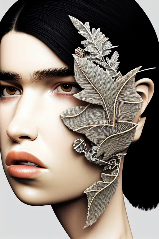 Prompt: complex 3d render ultra detailed of a beautiful porcelain profile Dua Lipa face, biomechanical cyborg, analog, 150 mm lens, beautiful natural soft rim light, big leaves and stems, roots, fine foliage lace, silver dechroic details, massai warrior, Alexander Mcqueen high fashion haute couture, pearl earring, art nouveau fashion embroidered, steampunk, intricate details, mesh wire, mandelbrot fractal, anatomical, facial muscles, cable wires, microchip, elegant, hyper realistic, ultra detailed, octane render, H.R. Giger style, volumetric lighting, 8k post-production