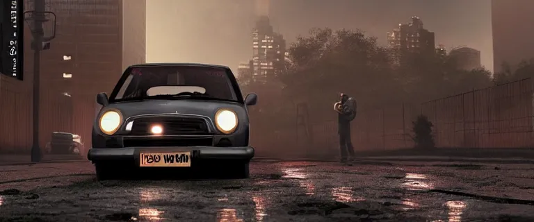 Image similar to Grey Nissan Micra K12 (2006), a gritty neo-noir, dramatic bright lighting, cinematic, establishing shot, extremely high detail, photorealistic, cinematic lighting, artstation, by simon stalenhag, Max Payne (PC) (2001)