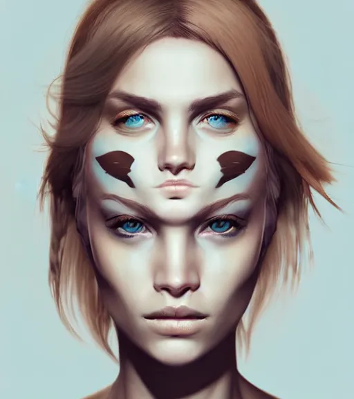 Image similar to portrait of a woman raised on the island face tatooes by greg tocchini, dynamic lighting, gradient light blue, brown, blonde cream and white color scheme, grunge aesthetic