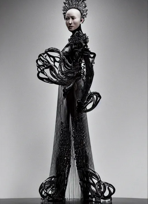 Image similar to a portrait of tessa kuragi by serge lutens, wearing iris van herpen outfit, photorealistic, intricate details, hyper realistic, photorealistic, canon r 3, photography, symmetrical features, symmetrical pose, wide angle shot, head to toe, standing pose, feet on the ground,