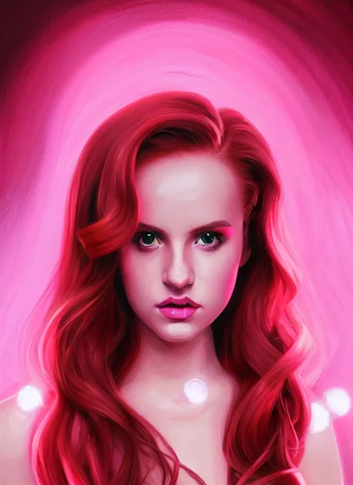 Image similar to full body portrait of teenage cheryl blossom, bangs, green eyes, sultry expression, red hair, sultry smirk, bangs and wavy hair, pink skirt, intricate, elegant, glowing lights, highly detailed, digital painting, artstation, concept art, smooth, sharp focus, illustration, art by wlop, mars ravelo and greg rutkowski