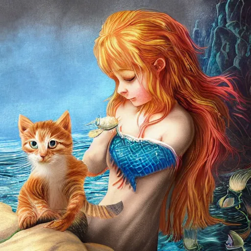 Image similar to a mermaid meets a kitten, fantasy illustration,