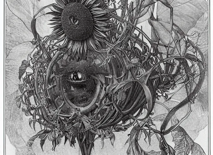 Prompt: creepy sunflower mutant vine plant with a portal to space in its mouth in a jungle, giovanni battista piranesi, moebius, alphonse mucha, ultra - detailed, yoshitaka amano