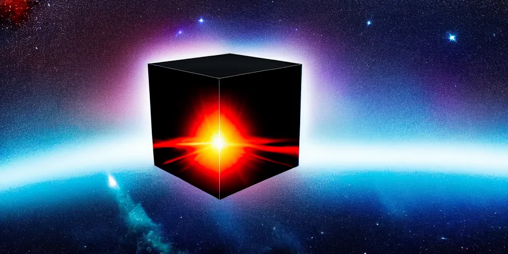 Image similar to A black cube projecting on its surface a black hole devouring galaxies and stars, floating In the middle of the ocean, Photography, Cinematic, Time-Lapse, Panorama, Field of View, 3-Dimensional, Hyperdimensional, 32k, Star, Cube, Powerful, Beautiful Lighting