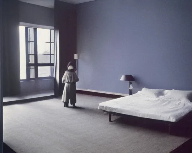 Prompt: a woman standing in a bedroom next to a bed, a colorized photo by Wilhelm Sasnal, tumblr, precisionism, 1970s, matte photo, provia