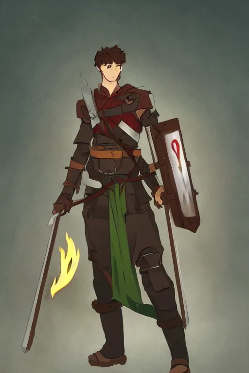 Image similar to male shifter, late 2 0 s, medium brown hair, green eyes, athletic build, scale mail armor, ripped white and red clothes, holding wooden shield and flaming holy symbol, dungeons and dragons, pathfinder, roleplaying game art, concept art, character design, by studio ghibli, makoto shinkai, kim jung giu, poster art, game art