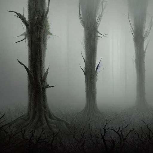 Image similar to A beautiful but eerie forest, shrouded in mist that is filled with scary glowing monsters, in the style of Keith Thompson and Zdzislaw Beksinski, Artstation HD, 8k, Surrealistic digital artwork,