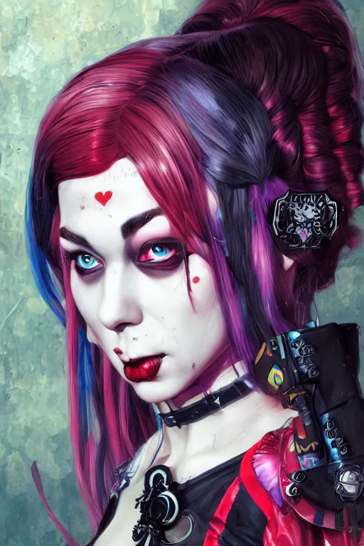 Prompt: portrait of young cute beautiful gothic Harley Quinn, cyberpunk, Warhammer, highly detailed, artstation, illustration, art by Gustav Klimt and Ilya Kuvshinov