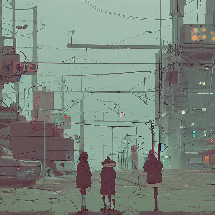 Prompt: a scene from serial experiments lain, by simon stalenhag