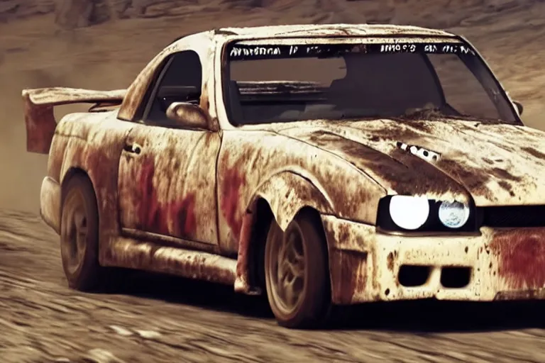 Image similar to Emma Watson driving in Mad Max Road Warrior, rusted, cobbled together Nissan R34 GTR, screenshot, cinematic Eastman 5384 film