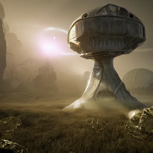 Prompt: the land reclaims a crashed space frigate, alien life, in the style of James Chadderton, ectoplasm, giant creatures roam, natural lighting, low angle camera, unreal engine