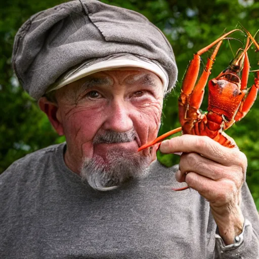 Prompt: a photo of an old man with a crayfish on his head