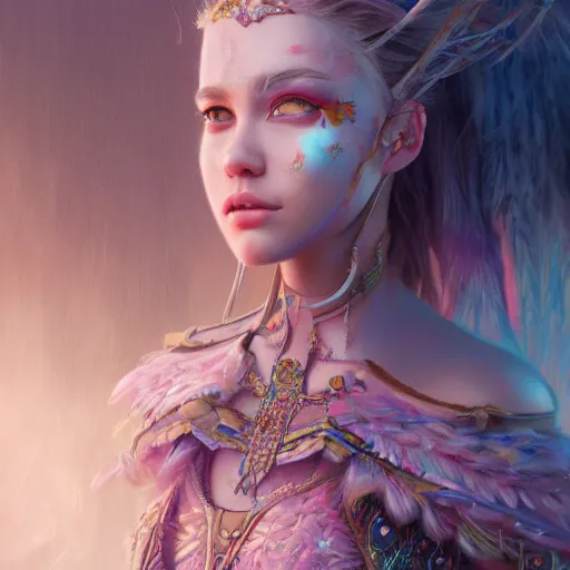 Image similar to detailed concept art illustration pastel painting of a beautiful Disney warrior princess in full intricate clothing, ultra detailed, digital art, octane render, 4K, dystopian, micro details