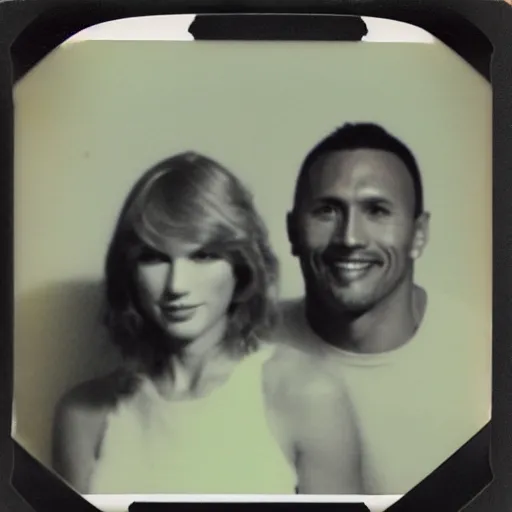 Image similar to found polaroid of my parents who look exactly like Taylor Swift and Dwayne Johnson