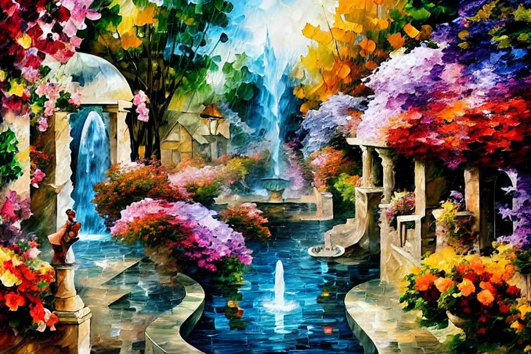 Image similar to flowers and fountains in valley village by arthur adams, charlie bowater, leonid afremov, chiho ashima, karol bak, david bates, tom chambers