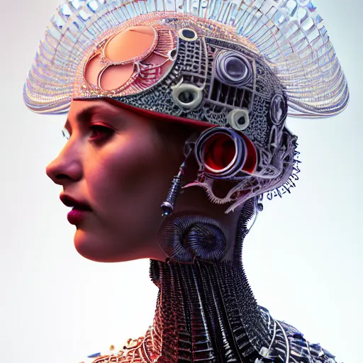 Image similar to portrait of an absurdly beautiful, graceful, sophisticated, fashionable cyberpunk mechanoid gravure idol, hyperdetailed illustration by irakli nadar, adut akech, matt wisniewski style, intricate linework, white porcelain skin, jellyfish headdress, crystal ruff, unreal engine 5 highly rendered, global illumination, red light, detailed and intricate environment