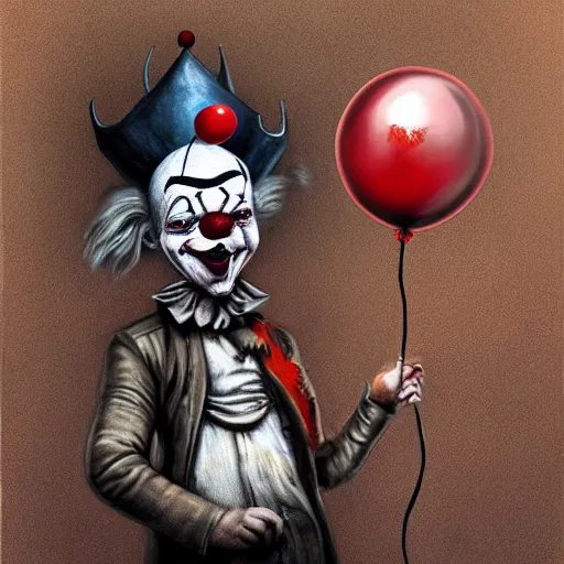 Image similar to surrealism grunge cartoon portrait sketch of a king with a wide smile and a red balloon wearing a crown by - michael karcz, loony toons style, pennywise style, horror theme, detailed, elegant, intricate