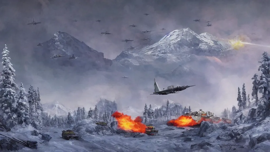 Image similar to snowy mountain, second world war fighting against ufo, aliens, tanks, jet fighters, missiles, with anti aircraft guns, with fire and smoke in the background by eugene von guerard, ivan shishkin, dramatic lighting, concept art, trending on artstation, 8 k