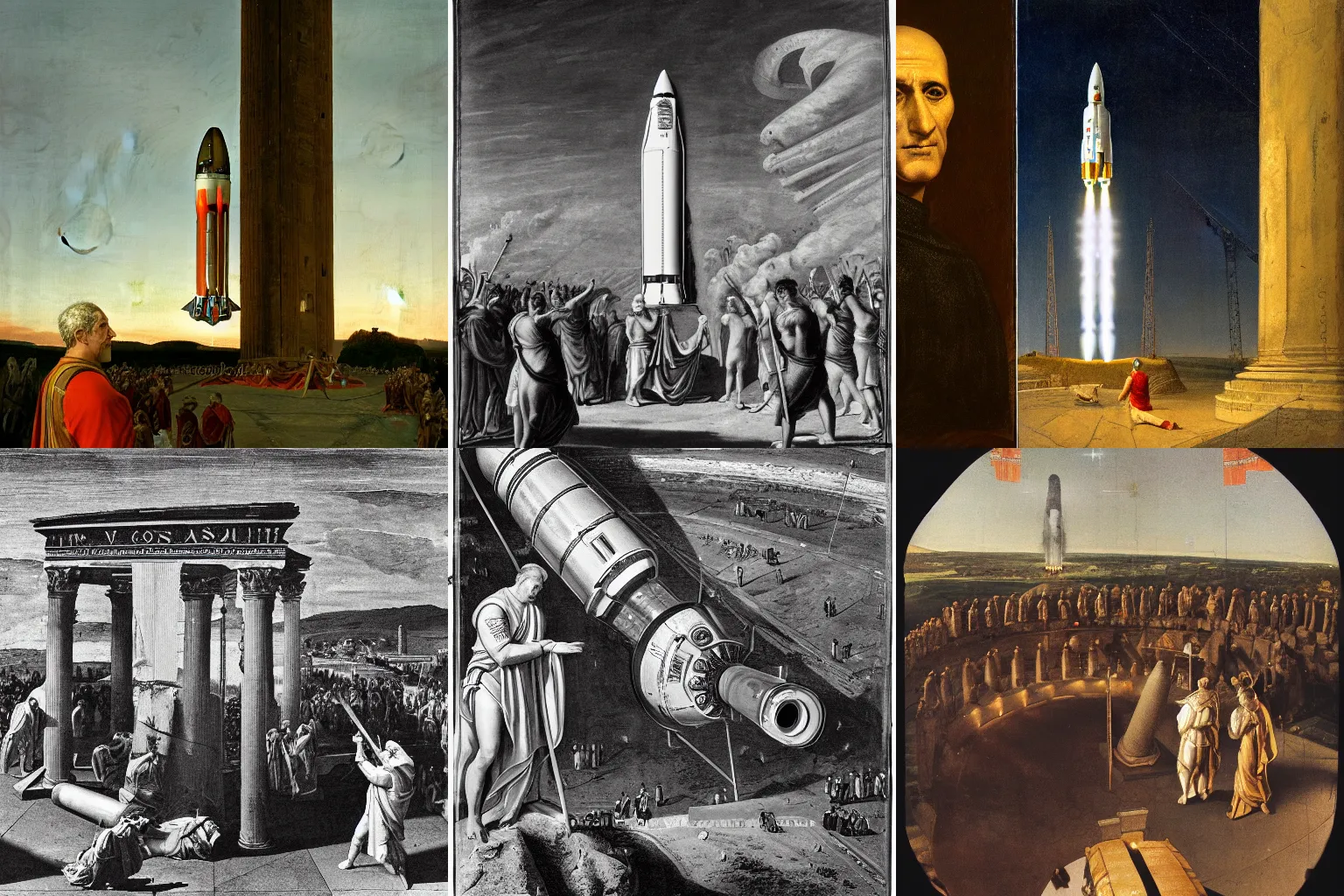 Prompt: Julius Caesar watches the launch of the first Roman space rocket in Roman spaceport, evening, wide angle, bottom view,