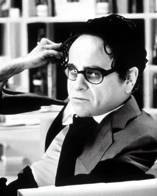 Image similar to danny devito as patrick bateman in american psycho, slicked back hair