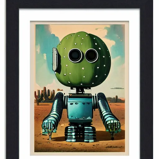 Image similar to extreme wide shot of a 1950s retro Cactus robot, with space above the head. full body framed. Bionic Arms and eyes. pop surrealism, poster art, muted colours. by Jean-Baptiste Monge, wide shot