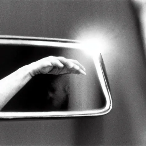 Image similar to Man sticking his hand through mirror that’s a portal to another world, award winning movie still, 35 mm, cinematic