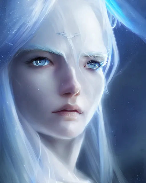 Image similar to perfect white haired girl, ethereal armor, beautiful, pretty face, blue eyes, detailed, windy weather, scifi, platform, laboratory, experiment, 4 k, ultra realistic, epic lighting, high detail, masterpiece, by akihito tsukushi, charlie bowater, ross tran