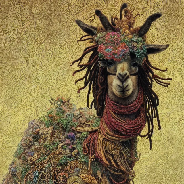 Image similar to llama with dreadlocks, detailed, by ernst haeckel, james jean, mandy jurgens, alphonse mucha, maxfield parrish