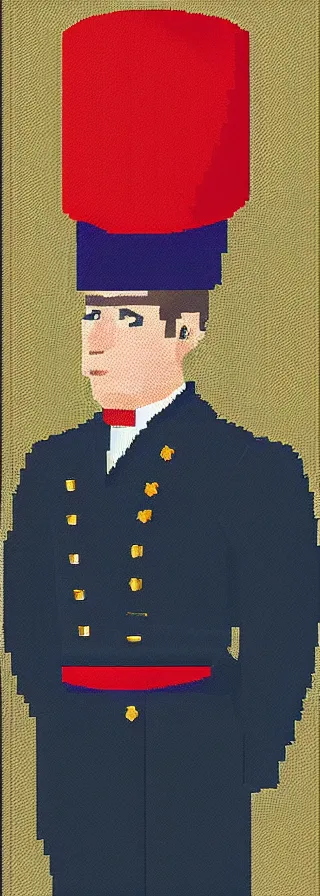 Prompt: portrait of imperator wearing a french hat and ceremonial uniform in a haughty pose, head pointing up diagonally, pixel art, colors accent, symmetric