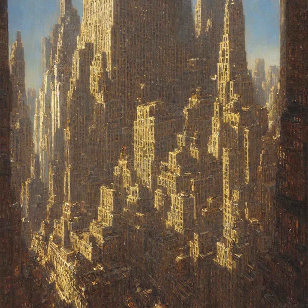 Prompt: detailed cinematic low angle shot of new york chrysller building, spring light, painting by gaston bussiere, craig mullins, j. c. leyendecker