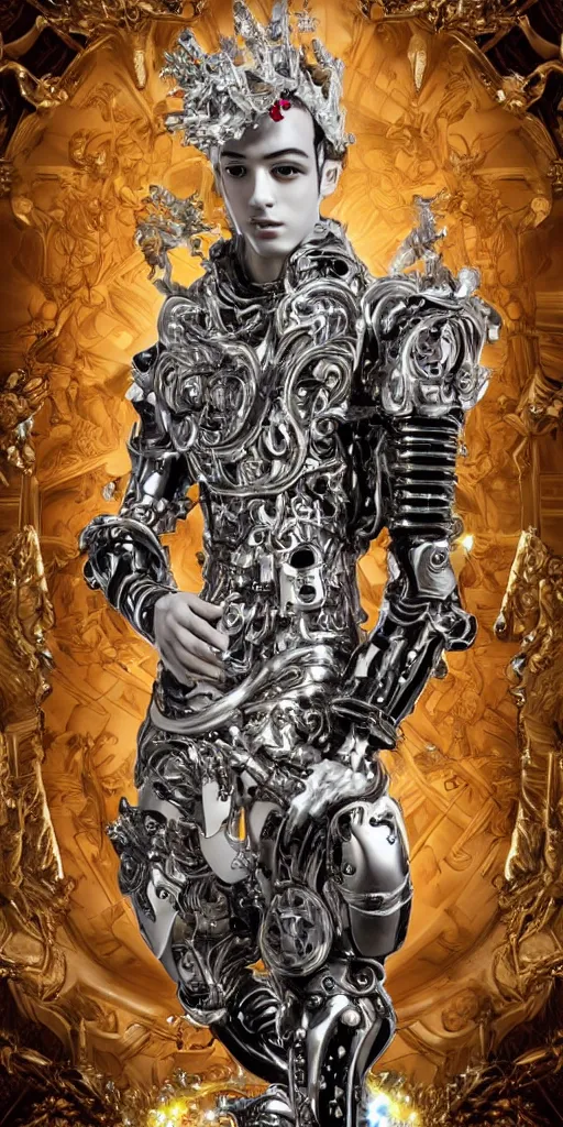 Image similar to baroque and cyberpunk style full-body sculpture of a young seductive Hispanic prince half android with a chest exposing a glowing ruby battery with porcelain arms posed like a model, glowing gold laser eyes, crown of white gears and sparkling diamonds, swirling white-colored silk fabric, robot dinosaurs. modern elements. reflective surfaces. intricate artwork by caravaggio. art by Artgerm and Alphonse Mucha, Trending on artstation, cinematic industrial lighting, photorealistic, octane render, 8k, depth of field, 3D