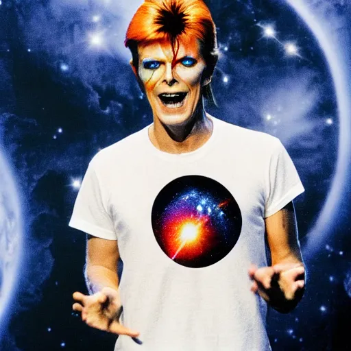 Image similar to a hyperreality concert david bowie wearing a dao yin - yang t - shirt performing on top of the spaceship in deep space, galaxies swirling around