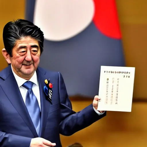 Image similar to shinzo abe holding a statistical graph of the japanese birth rate climbing up