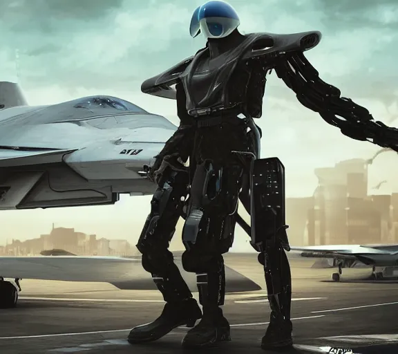 Image similar to fighter pilot stands beside futuristic sci fi fighter jet landed at runway of cyberpunk city ,dark cinematic lighting , digital concept art