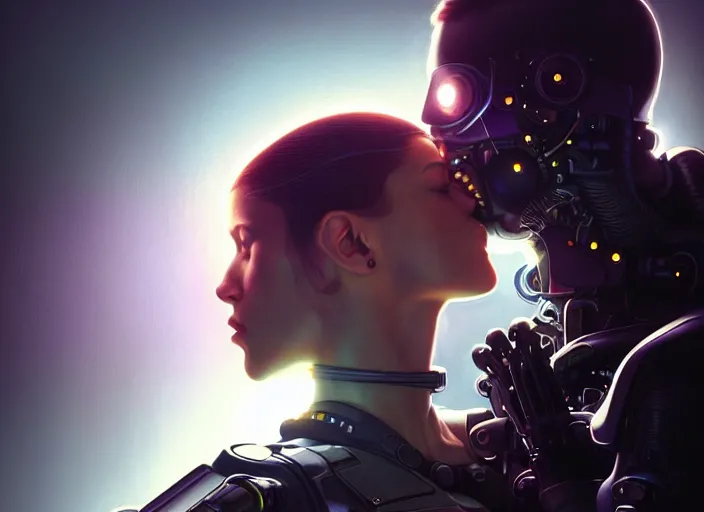 Prompt: ultra realistic medium shot of a couple of cyborgs kissing, lovers, cyberpunk, sci - fi, kodak, faces, colour led, soft light, volumetric lighting, fog, rays, night, intricate detailed, digital painting, concept art, smooth, sharp focus, illustration, art by artgerm and greg rutkowski and alphonse mucha