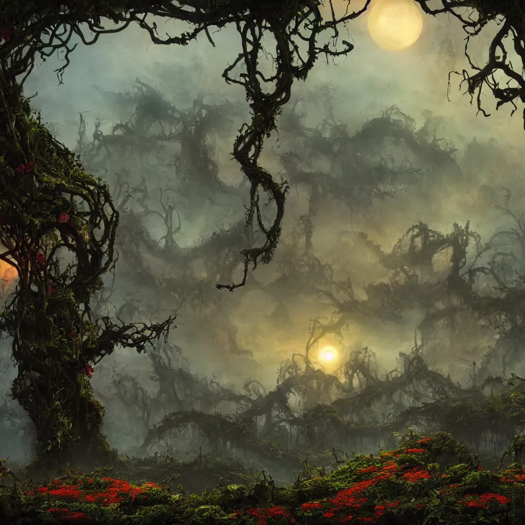 Prompt: An incredibly beautiful but ominous matte painting depicting a profusion of evil carnivorous vines and colorful flowers and lush exotic trees and bloated toadstools, with horrifying huge burning eyes and jagged bloody teeth, overgrowing a desolate ruins submerged in fog beneath the setting sun, nvidia, vray, evening, epic scale