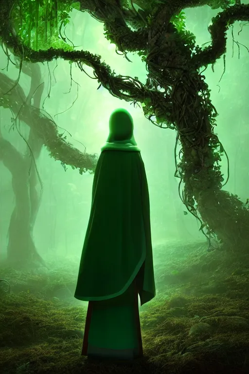 Image similar to A full body portrait of a cute shaman with no face, glowing eyes and a very long hooded dark green cloak of leaves and vines by Pixar, ominous, cosmic horror, stylized, Octane Render 4k