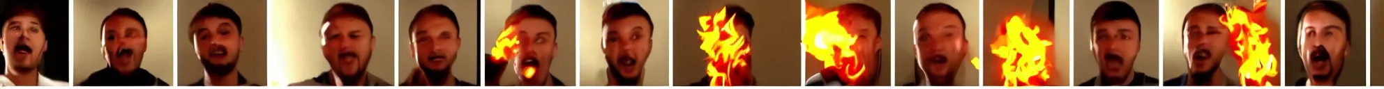 Image similar to 8 consistent frames from a video of a man talking while on fire