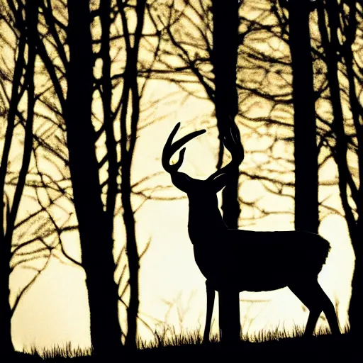 Image similar to deep rich red silhouette of a deer with white glowing magic in the air around him