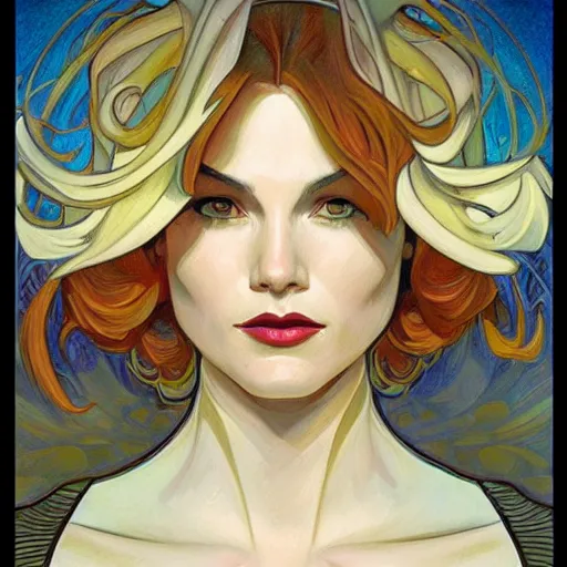 Image similar to a streamline moderne painting in the style of donato giancola, and in the style of charlie bowater, and in the style of alphonse mucha. symmetry, smooth, sharp focus, semi - realism, intricate detail.