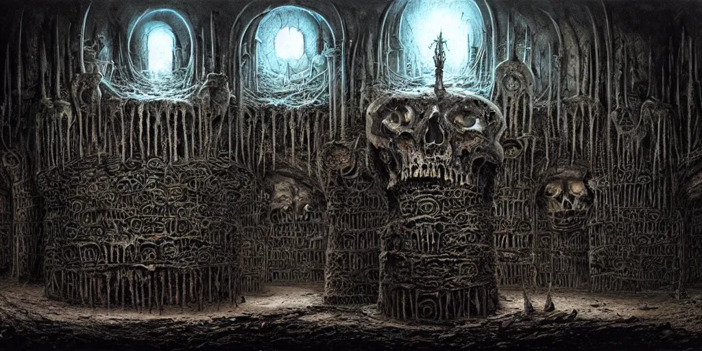 Image similar to Catacombs of the Eldritch Ancestors, by Andreas Rocha and HR Giger and Beksinski