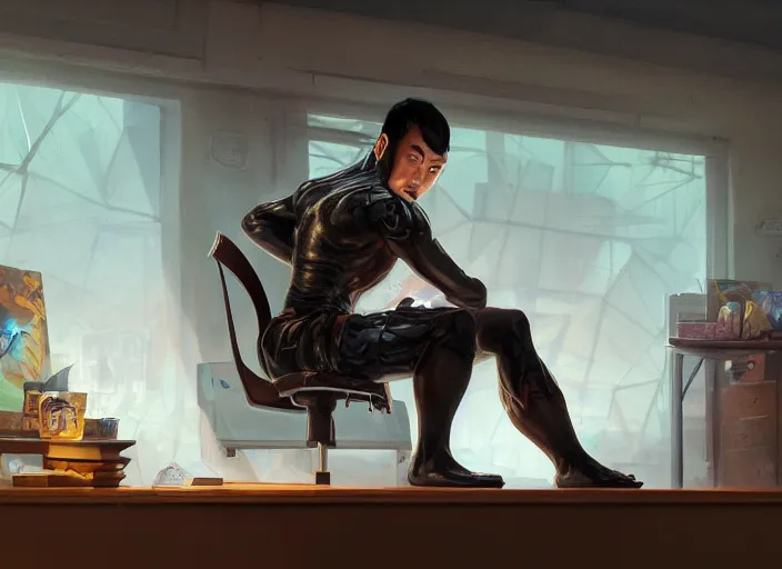 Image similar to an insanely detailed painting of an asian man wearing a homemade superhero costume, sitting at a desk, staring seriously at the computer and typing, in the style of peter mohrbacher, james jean, dramatic lighting and composition, surreal background, octane render, pixar, trending on artstation, concept art, comic book, view from behind, 8 k