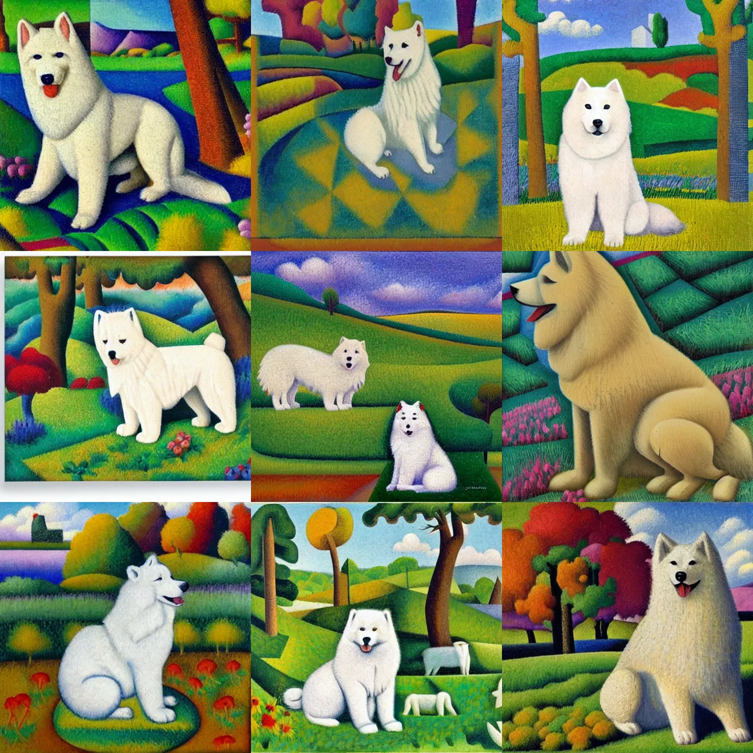 Prompt: a samoyed dog sitting in the middle of sunny meadow, by jean metzinger